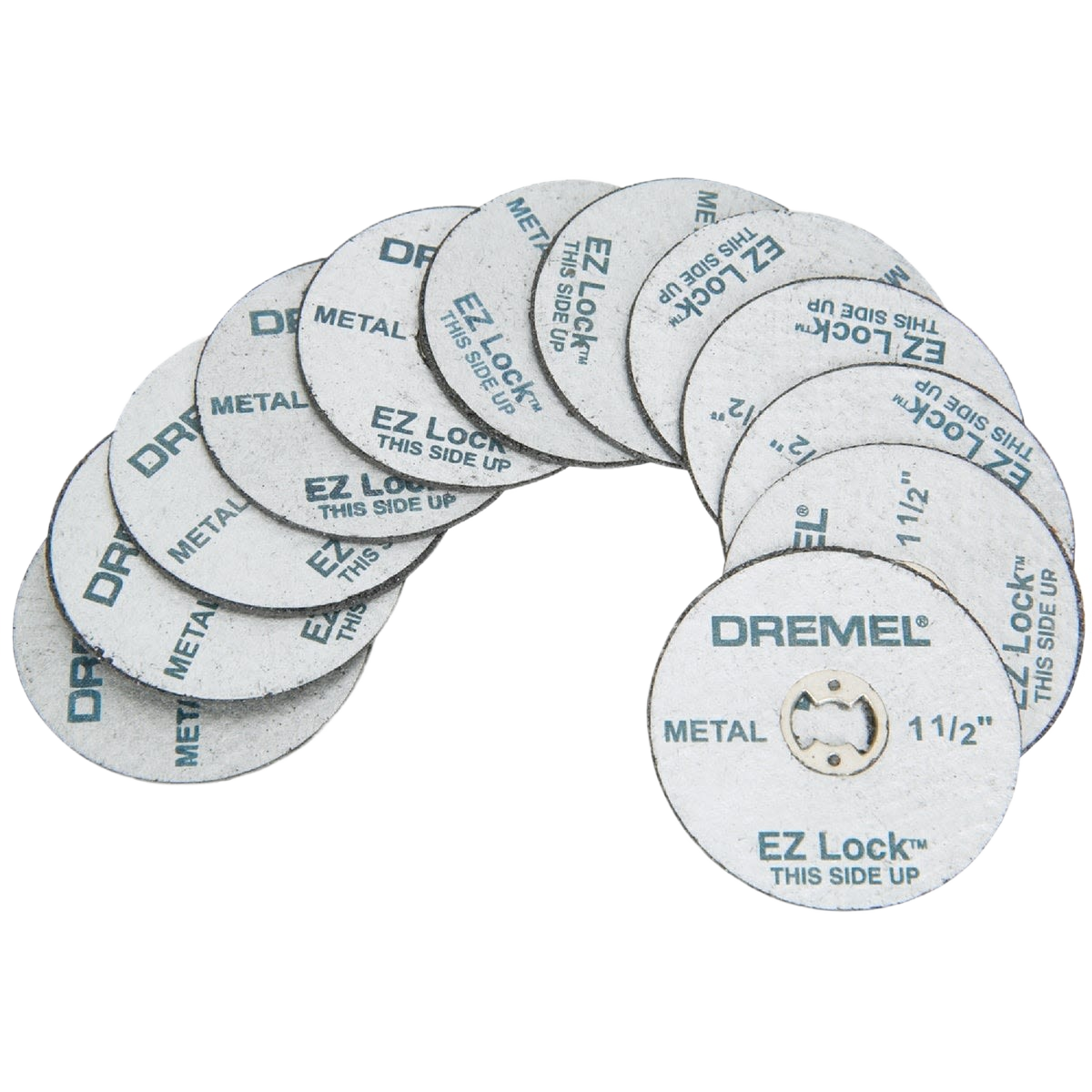 Stack of white cutting wheels marked with EZ Lock system for metal cutting in rotary tool accessories and home improvement tools