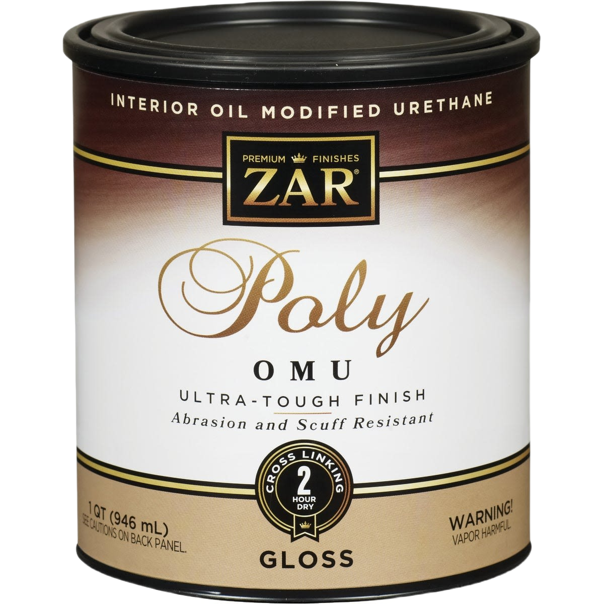Quart can of ZAR Ultra Max interior gloss polyurethane with abrasion and scuff resistant finish for home improvement