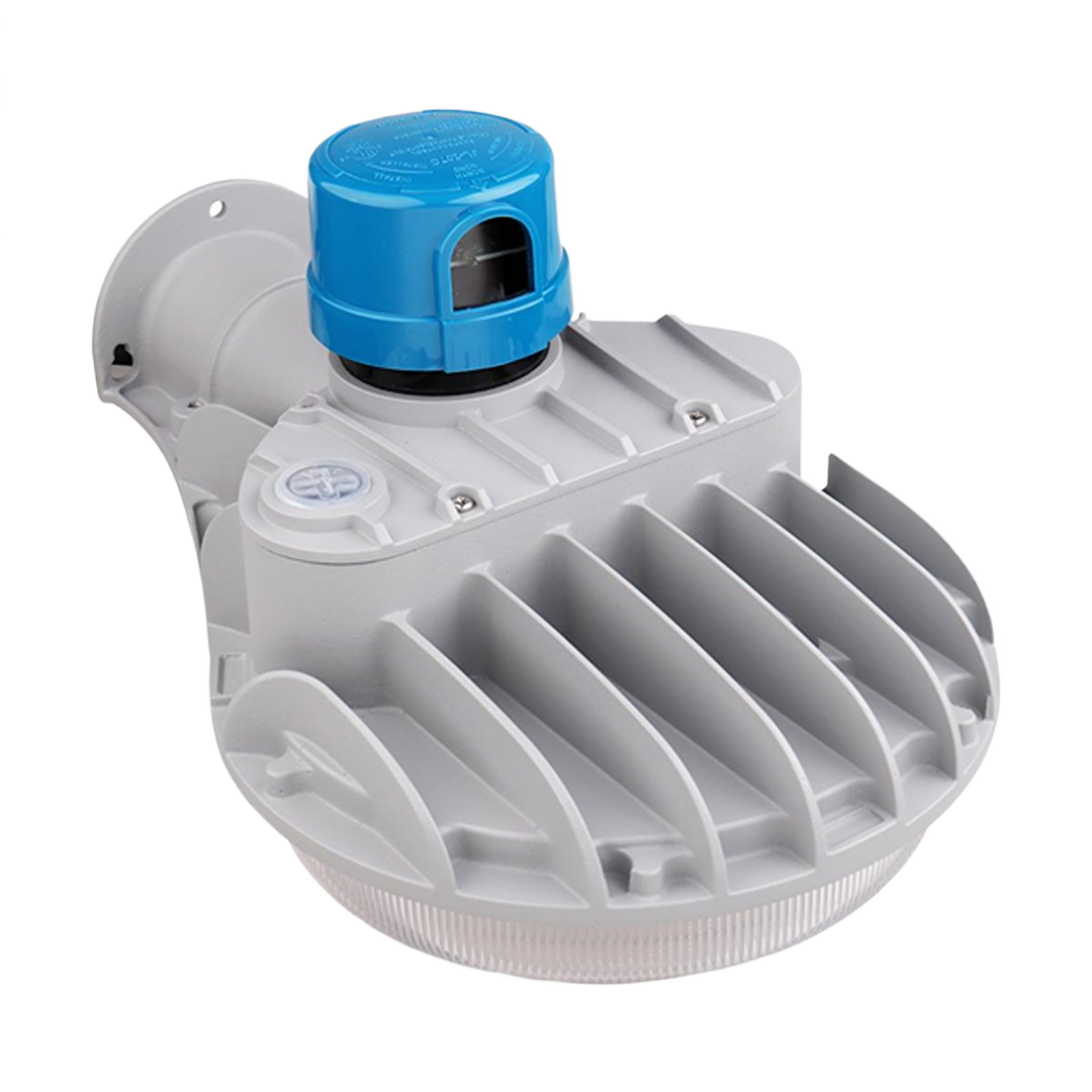 Gray die-cast aluminum outdoor LED area light with blue photocell sensor for electrical and outdoor lighting projects