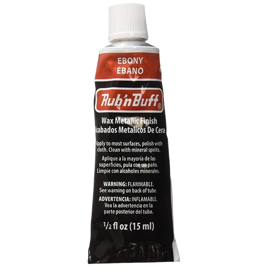 Tube of ebony metallic wax finish with instructions for use and flammable warning in specialty paint collection
