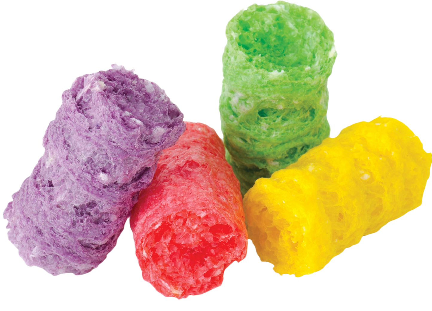 Colorful small rice pops in purple, red, green, and yellow with a textured, porous surface for crafting or sensory use