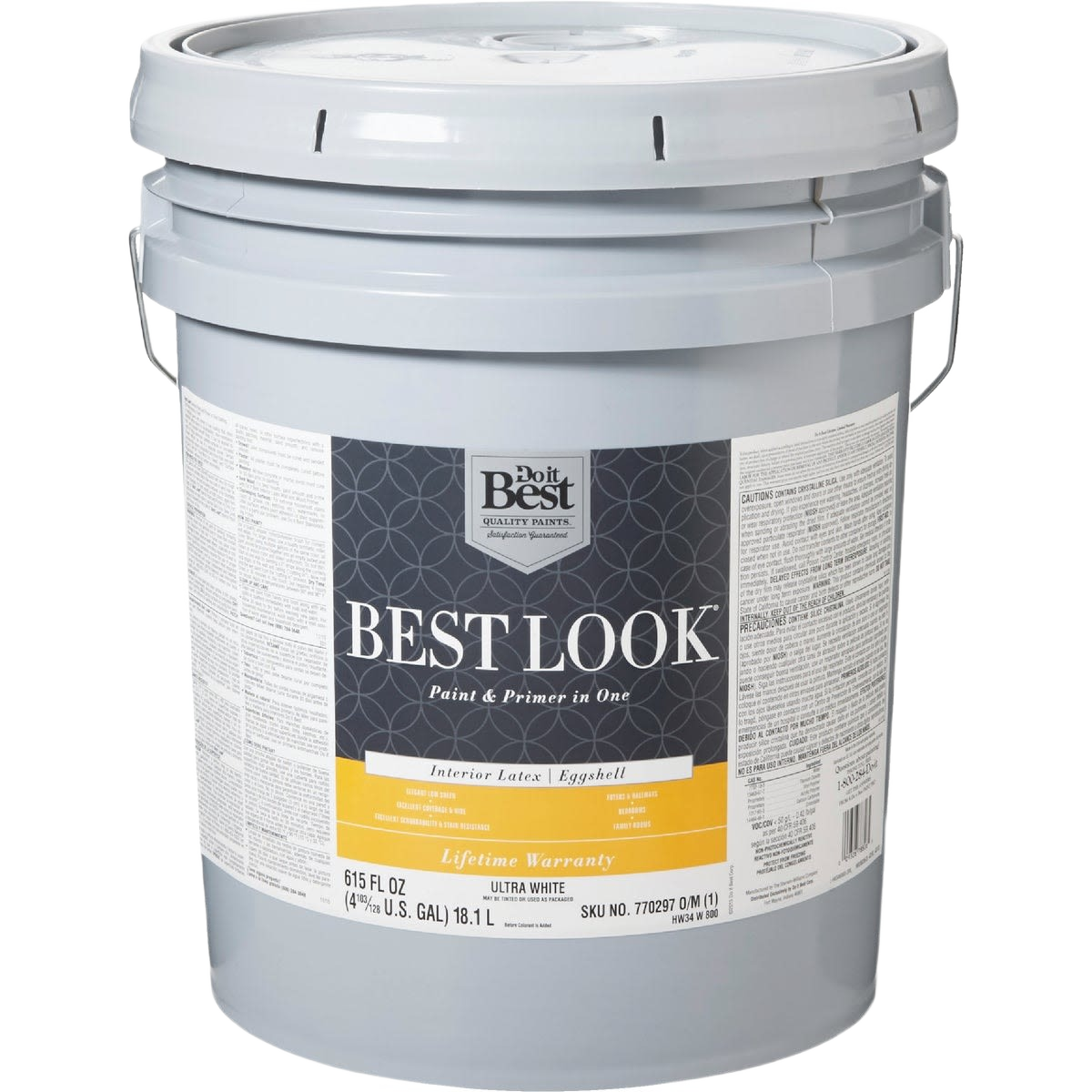 Five-gallon pail of ultra white interior latex eggshell paint and primer for home improvement and interior paint supplies.