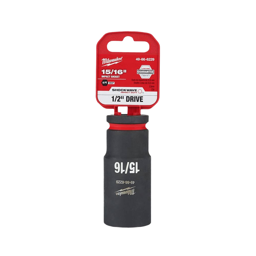 Black impact socket with 6-point design and red label for use with 1/2" drive tools in home improvement projects