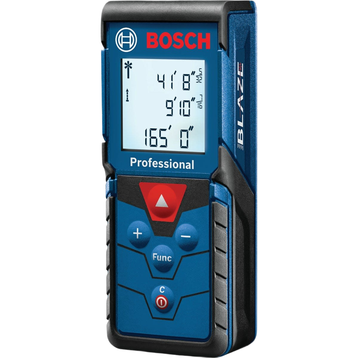 Blue Bosch laser distance measurer with digital display and function buttons for accurate tools and home improvement use