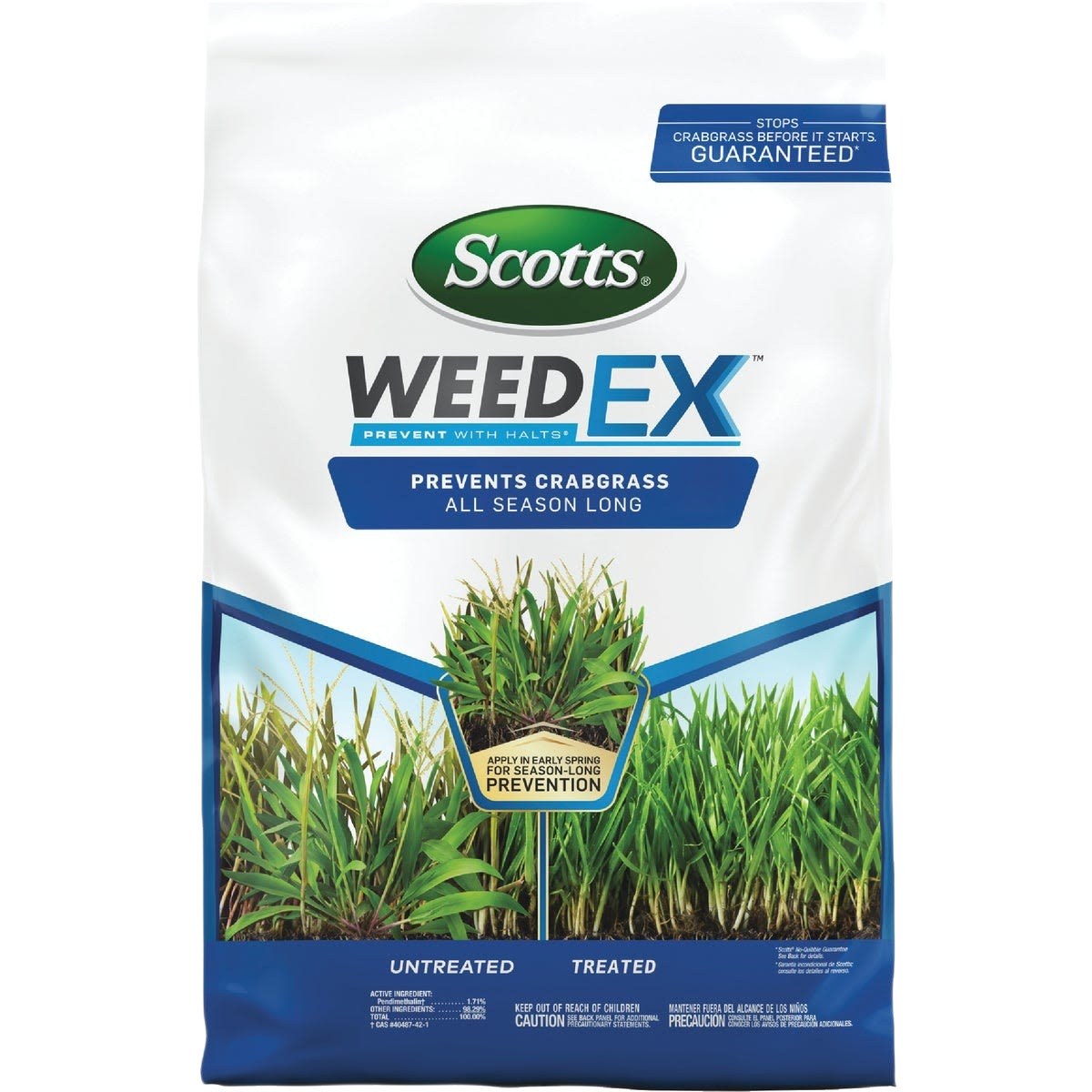 Bag of Scotts WeedEX with Halts crabgrass preventer for year-round lawn care and weed control