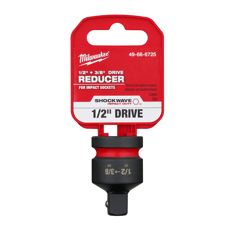 Red and black Milwaukee impact socket reducer adapter for 1/2" to 3/8" drive conversions in tool use