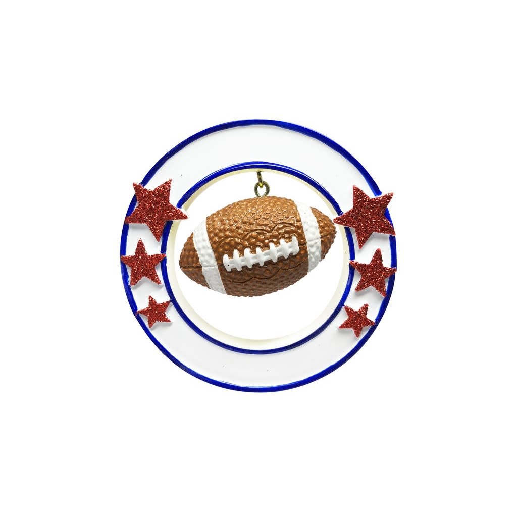 3D football ornament suspended inside blue ring accented with glittery red stars in Christmas Ornaments & Tree Decorations collection