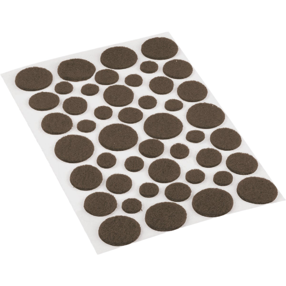 Sheet of assorted brown self-adhesive felt pads in various sizes for protecting furniture and floors in home improvement tasks