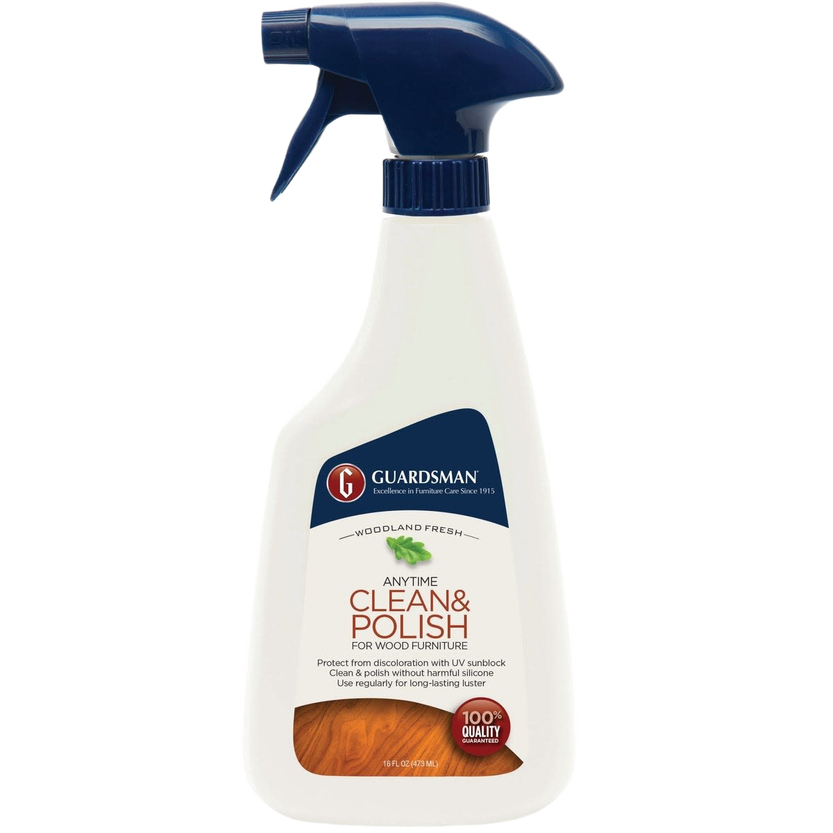 White spray bottle of Guardsman Woodland Fresh wood furniture cleaner and polish with blue trigger top for home improvement tasks