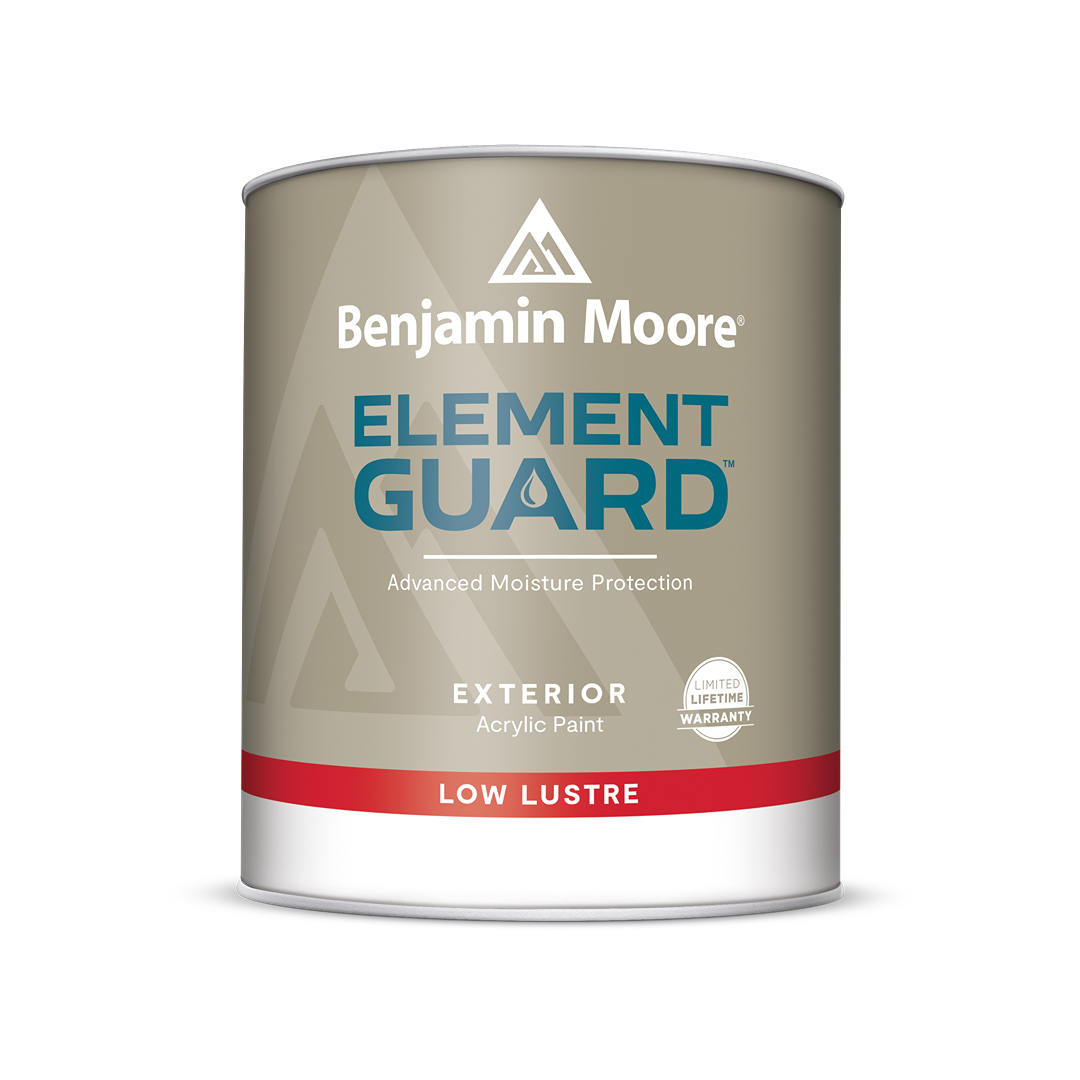 Quart-sized can of Benjamin Moore low lustre exterior acrylic paint with moisture protection for home improvement