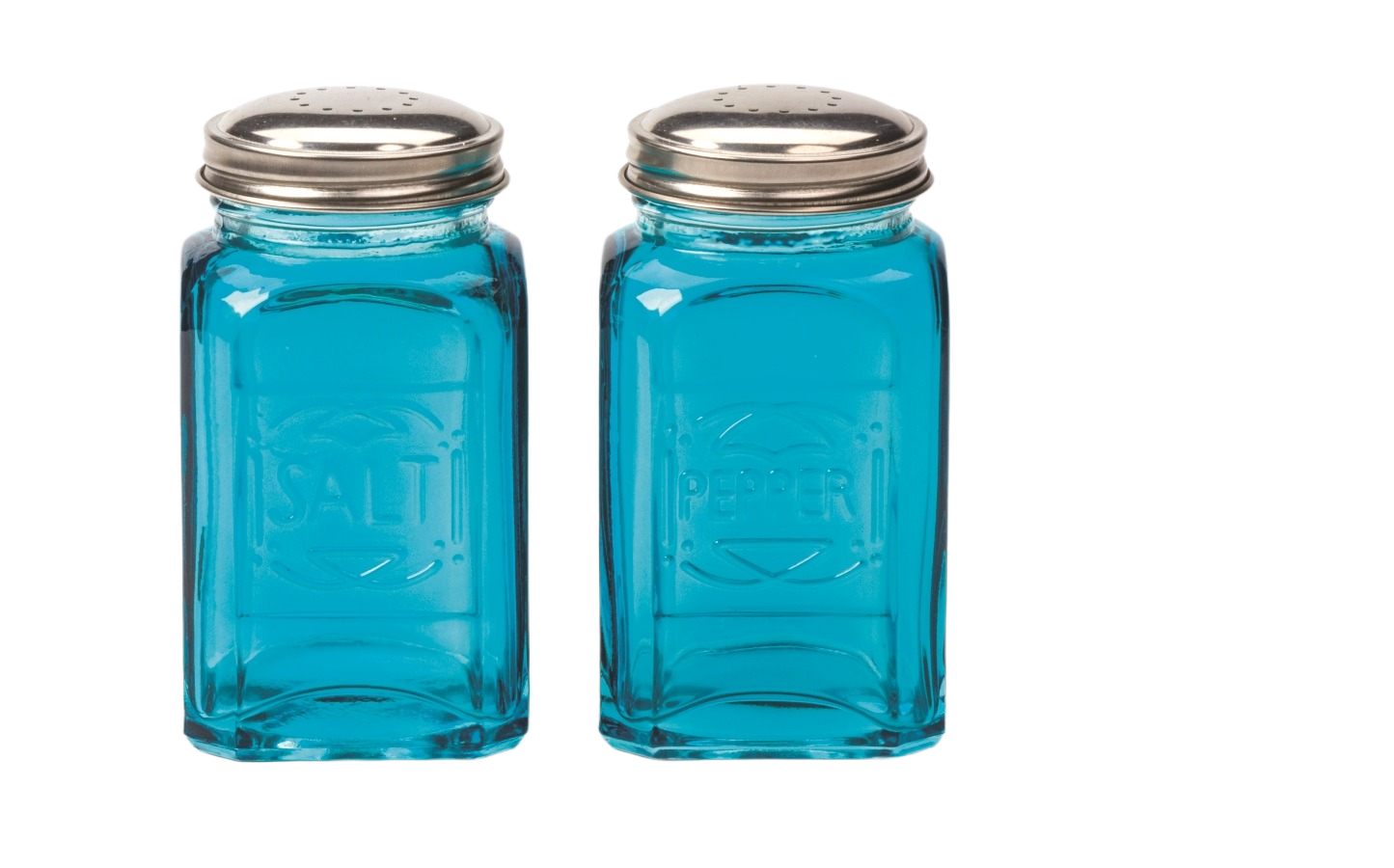 Retro-style turquoise glass salt and pepper shakers with stainless steel lids for kitchen gadgets under $50