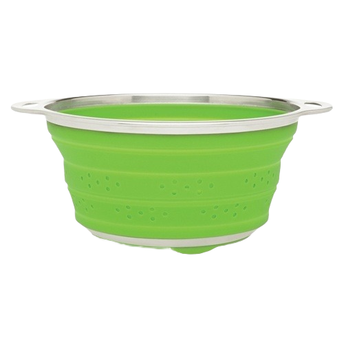 Collapsible green silicone colander with stainless steel rim and handles for versatile kitchenware and cooking tasks under $50