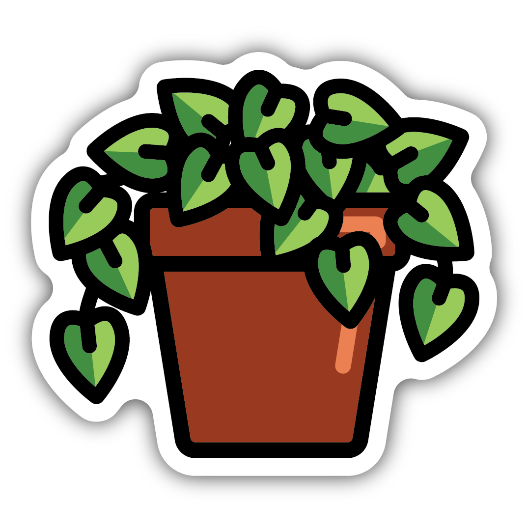 Illustration of a green pothos plant with heart-shaped leaves in a brown pot sticker design with bold outlines