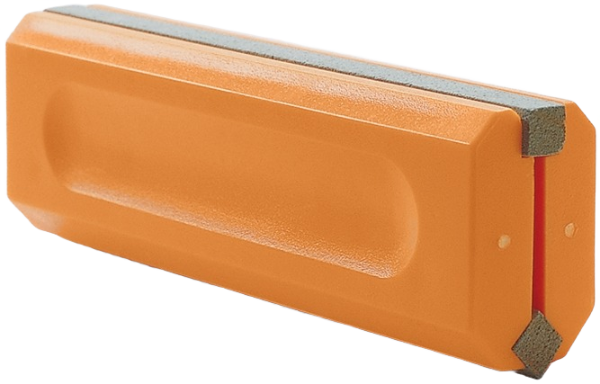 Compact orange honing tool with angled edges for sharpening jointer and planer blades in home improvement tasks