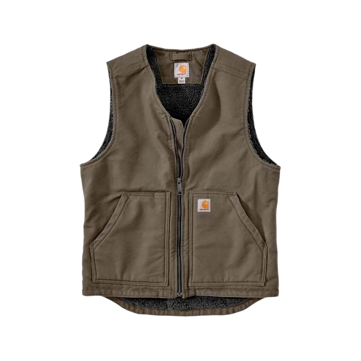 Men’s washed cotton duck vest in rugged brown with sherpa fleece lining, zip front, and large front pockets, part of Outerwear and Vests at Hartville Hardware.