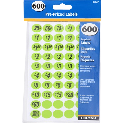 Green oval pre-priced garage sale labels in various amounts, packaged for hardware and home improvement collections under $50