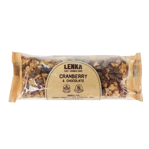 Granola bar with cranberries and chocolate chips in clear packaging, part of Chips & Snacks and Food & Beverage collections