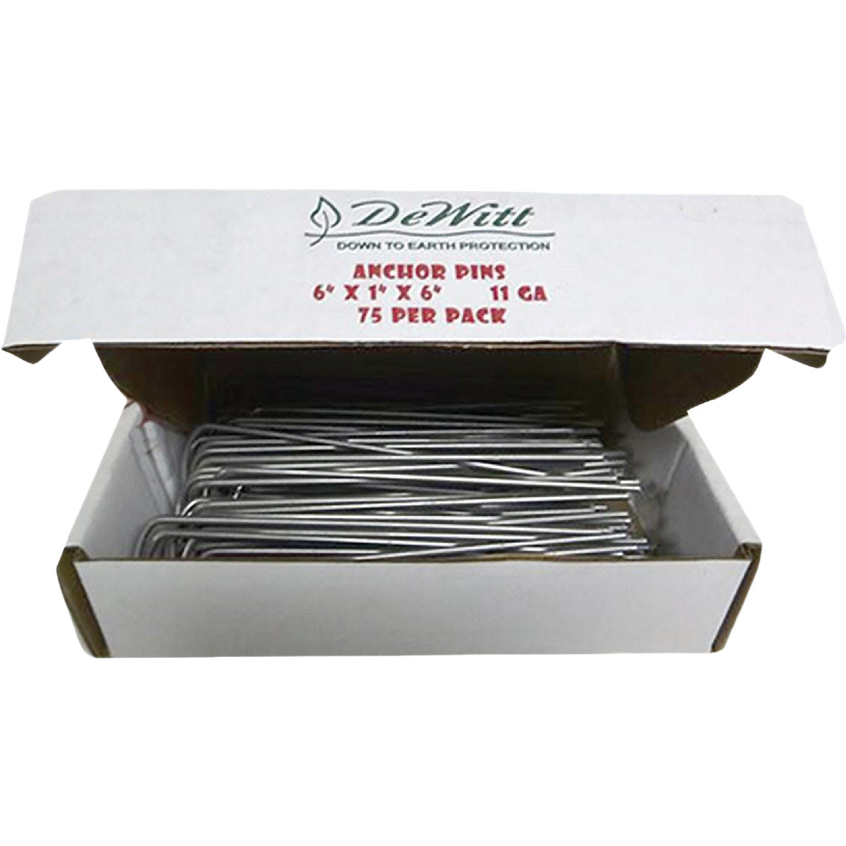 Open box of galvanized steel landscape anchor pins with L-shaped design for tools and home improvement use