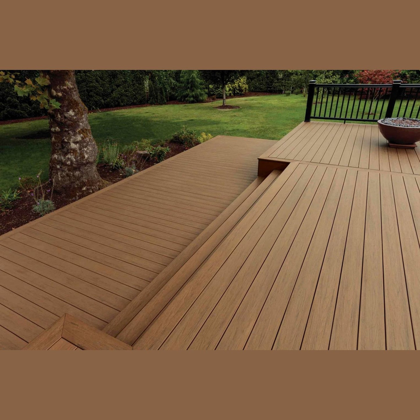 Outdoor grooved deck boards in antique leather tone with realistic wood grain texture for home improvement projects