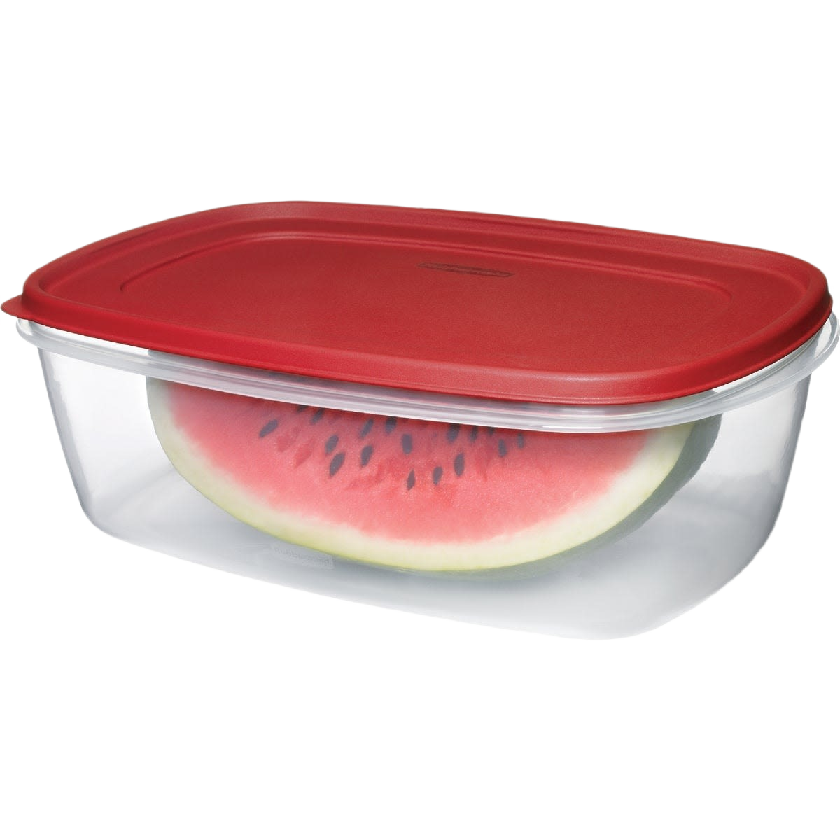 Clear plastic food container with red lid storing a watermelon slice for kitchen organization and food storage