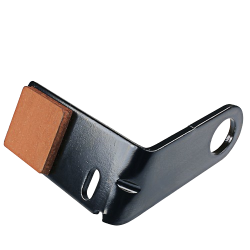 Black metal mower deck brake pad bracket with brown friction pad for tools and home improvement projects