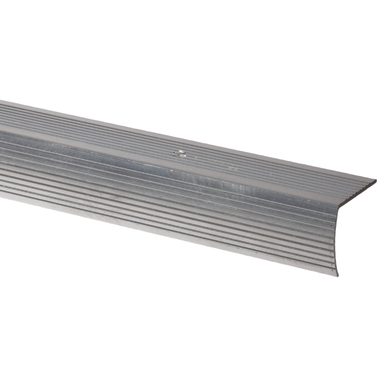 Satin silver aluminum stairnose with grooved surface for stair edge protection in home improvement projects