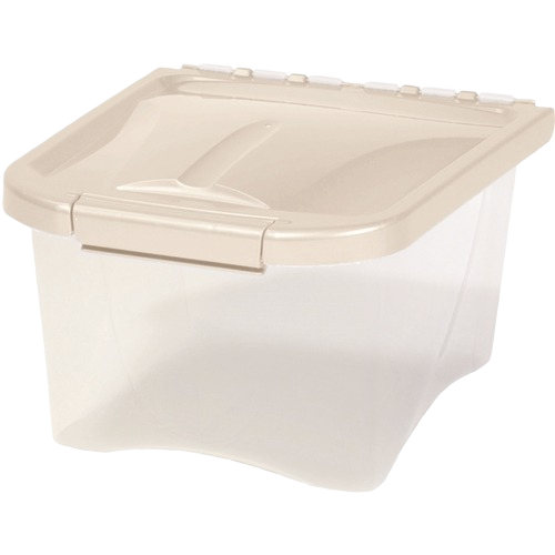 Clear plastic pet food container with beige locking lid for pet and farm animal feed storage under $50 collection