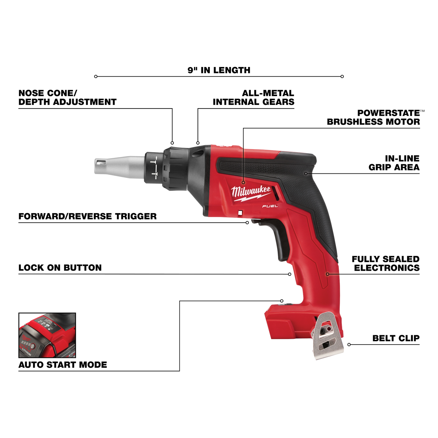 Red and black cordless drywall screw gun with brushless motor, ergonomic grip, adjustable nose, and belt clip for home improvement projects