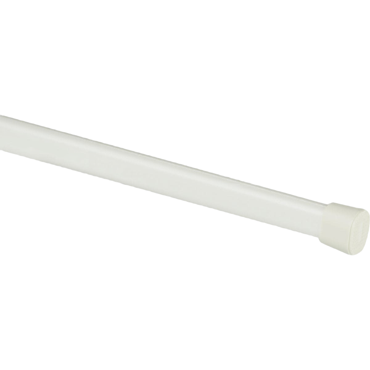White adjustable spring tension rod with oval ends for home improvement and window treatment applications