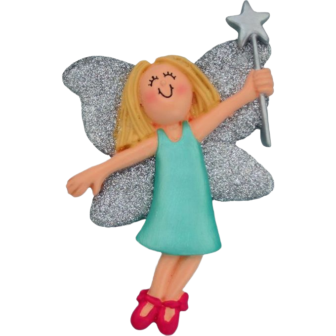 Blonde fairy ornament with silver glitter wings, teal dress, and pink shoes from Christmas Ornaments & Tree Decorations collection