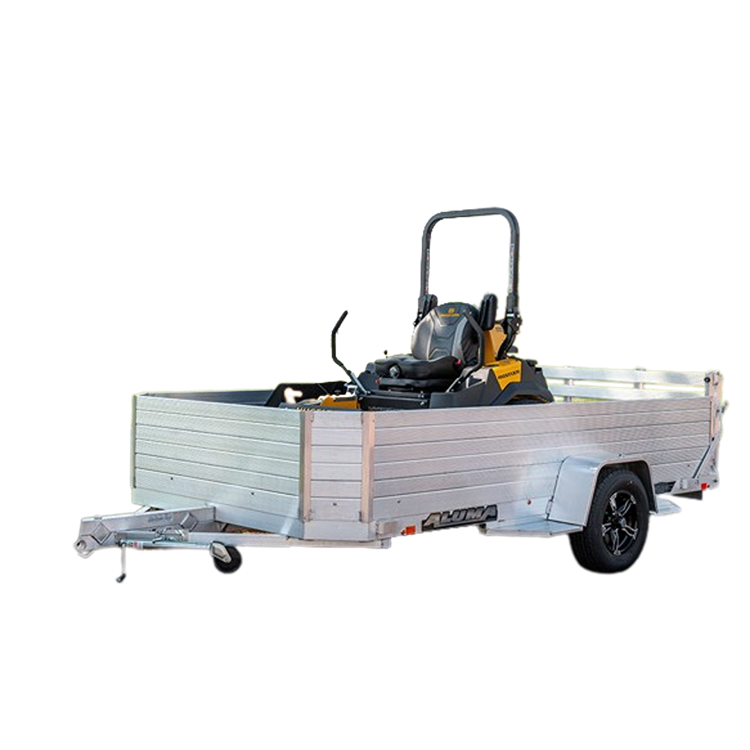 Aluminum utility trailer with bi-fold tailgate and single axle carrying a riding lawn mower for home improvement tasks