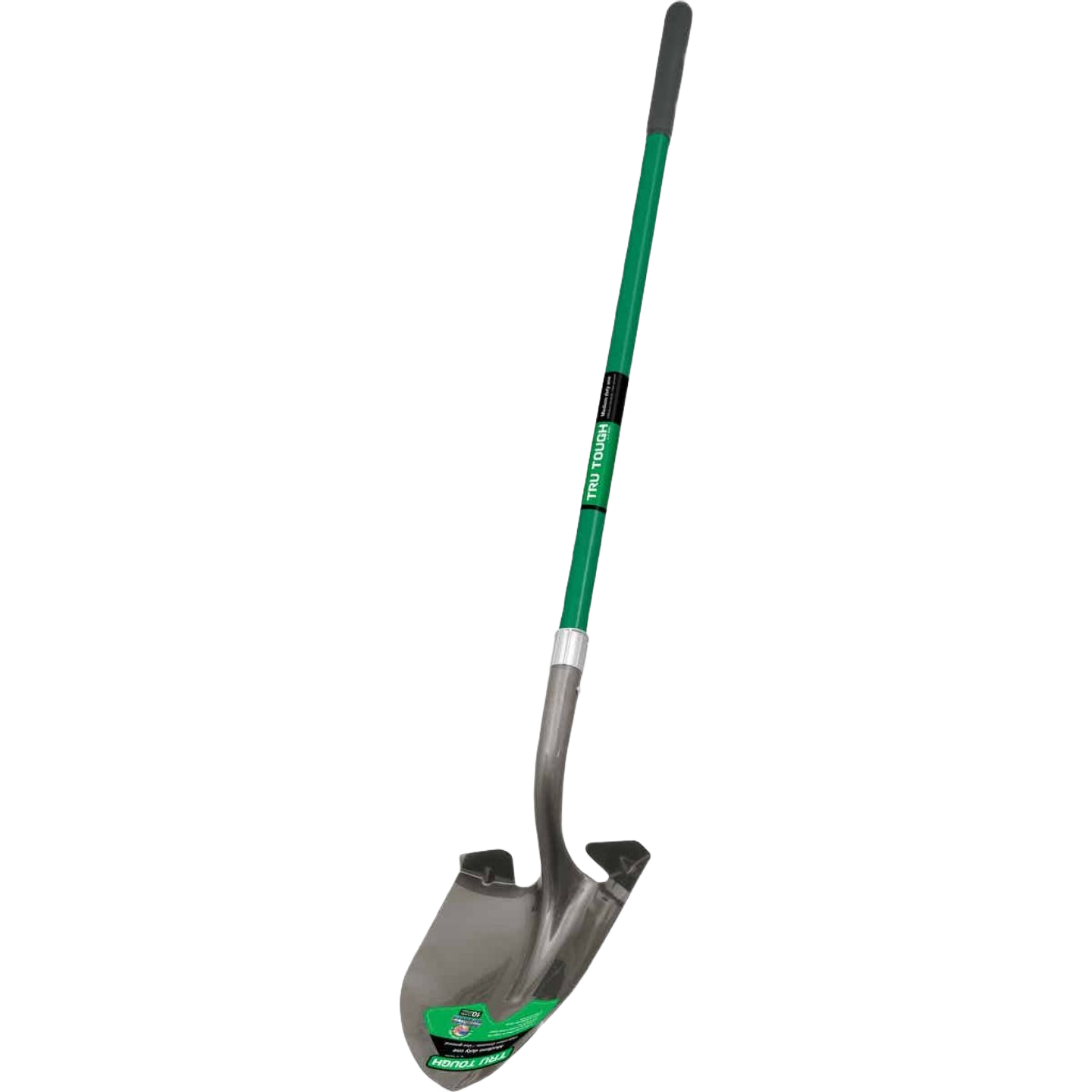 Round point shovel with fiberglass handle and metal blade designed for durable use in tools and home improvement tasks