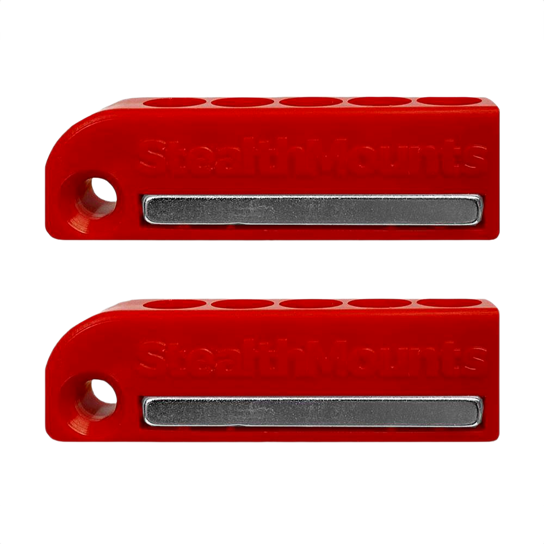 Red magnetic bit holders with five slots each, designed for tool storage and workshop organization under $50 collections