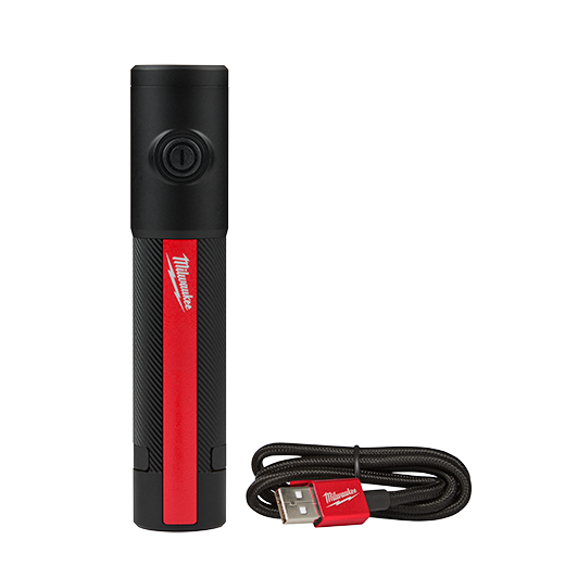 Compact black and red rechargeable flashlight with on/off button and magnetic base, plus matching USB charging cable for tools