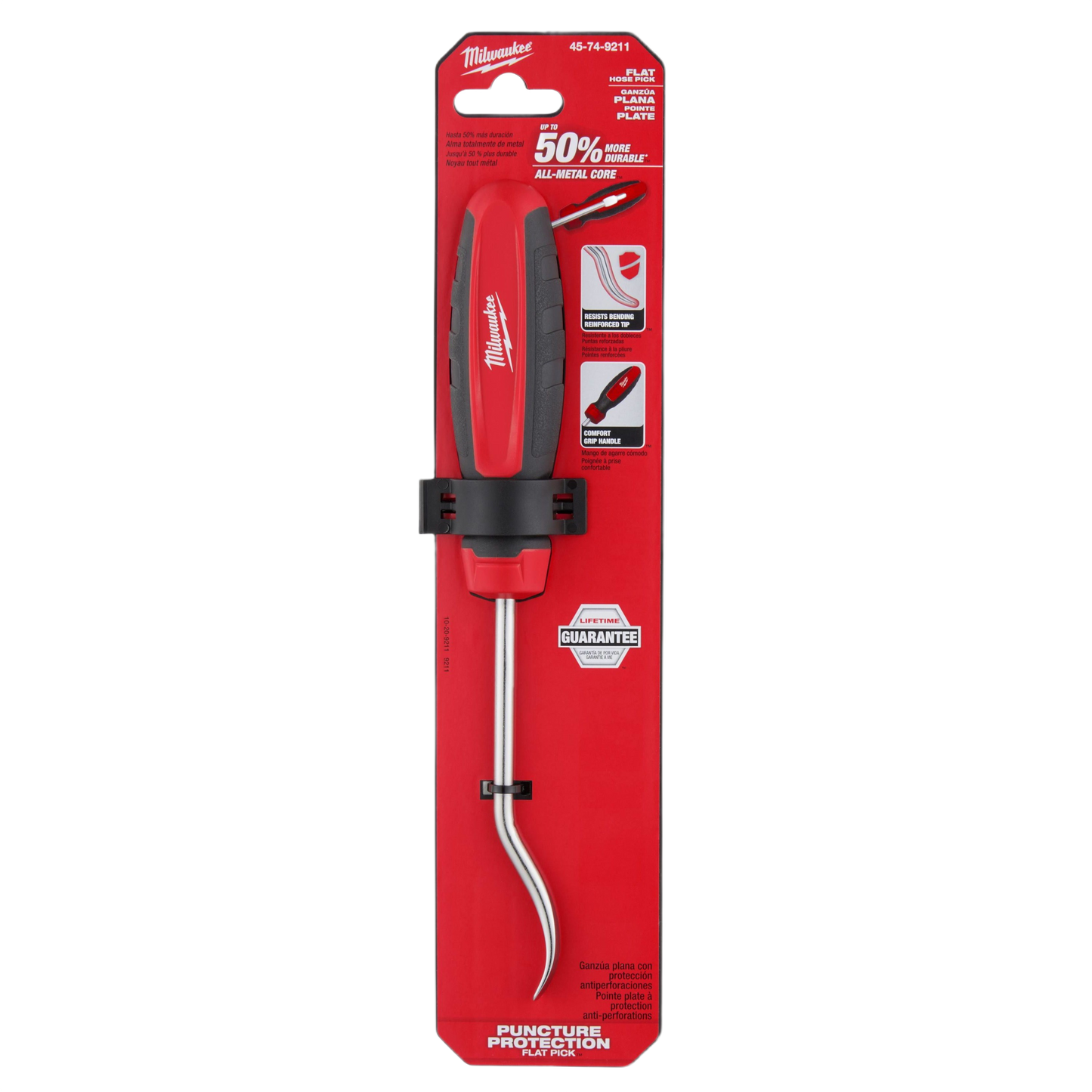 Red comfort grip flat hose pick with angled metal tip for tools and home improvement tasks