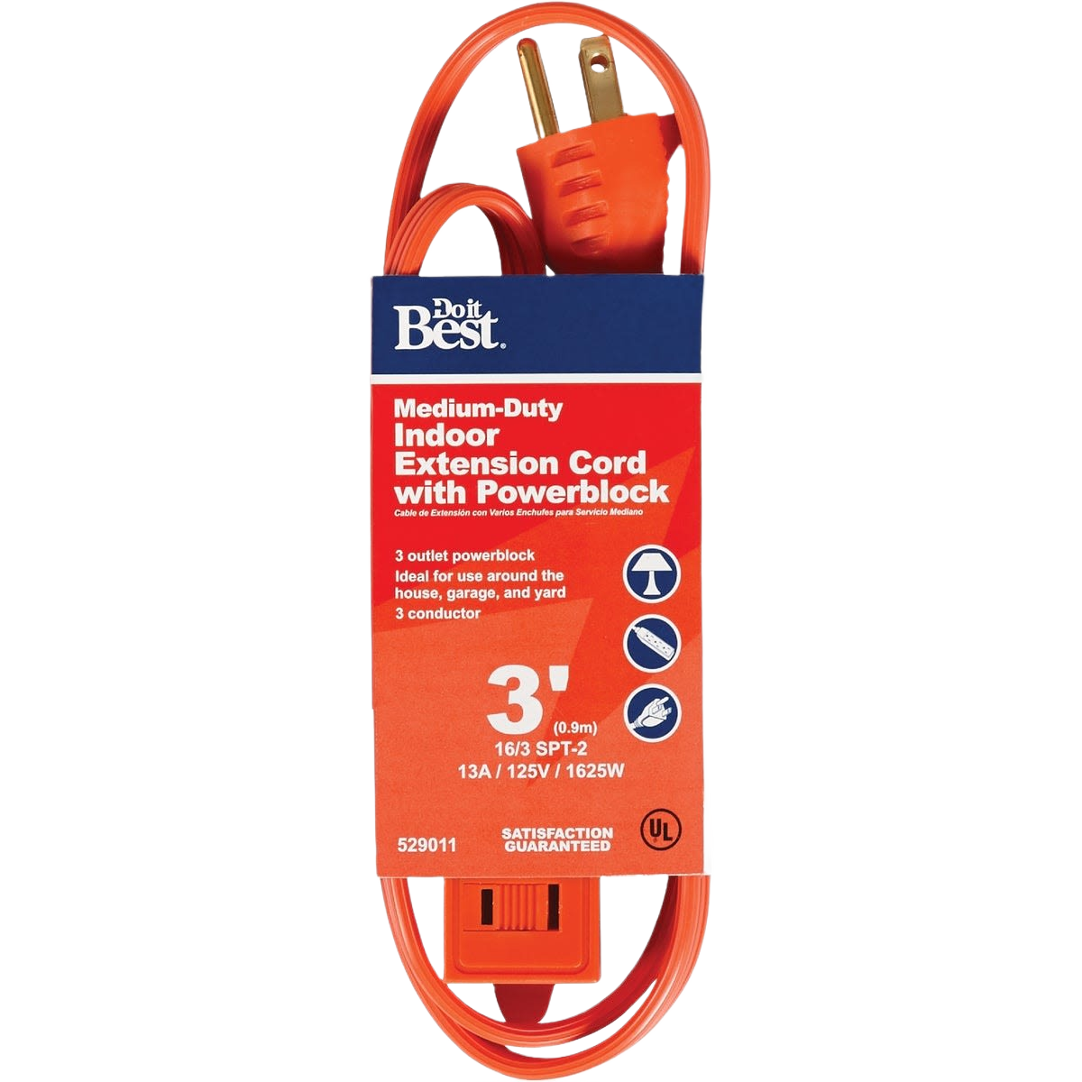 Orange medium-duty indoor extension cord with triple outlet powerblock for home and garage electrical use under $50