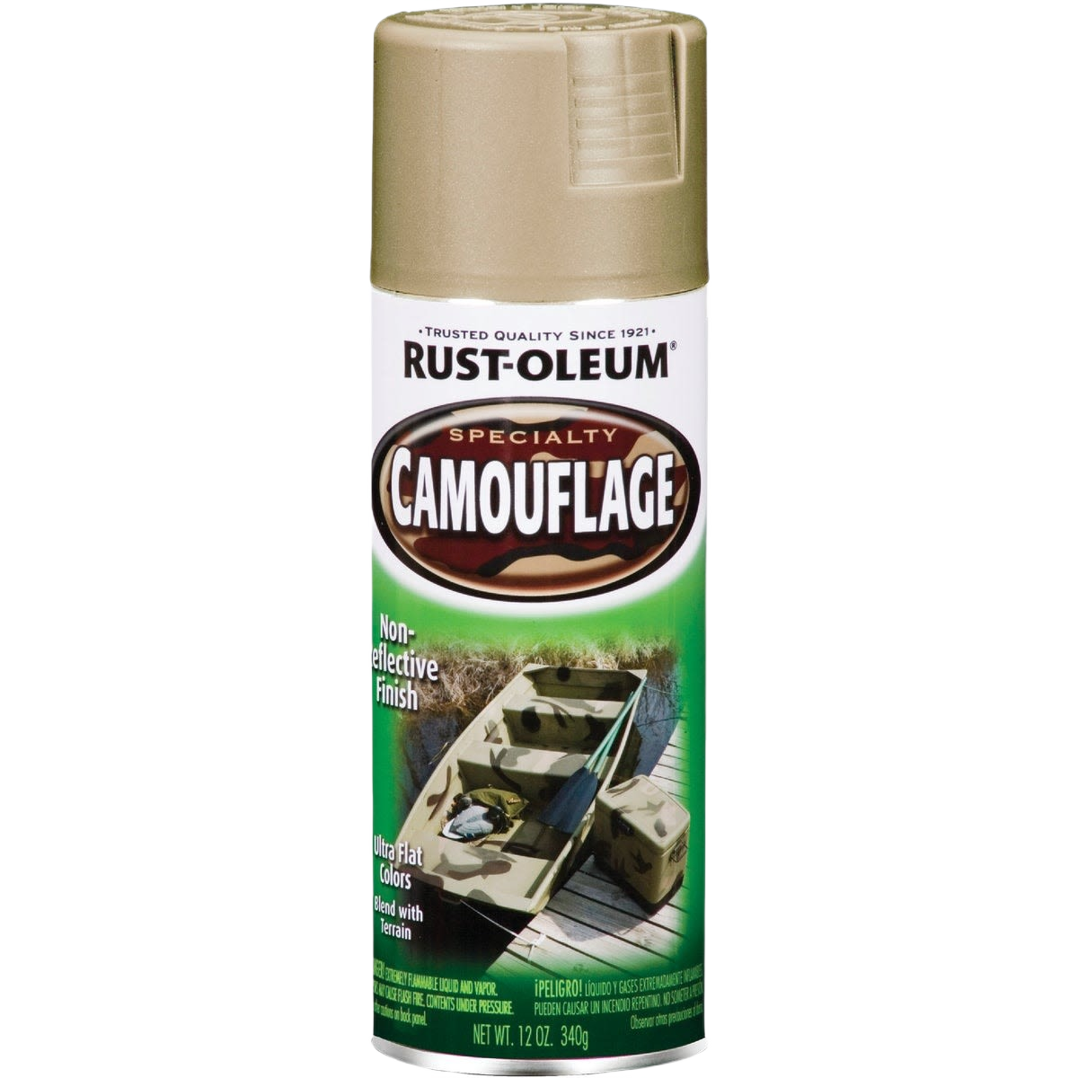 Rust-Oleum camouflage spray paint in sand color with non-reflective finish for home improvement and outdoor projects