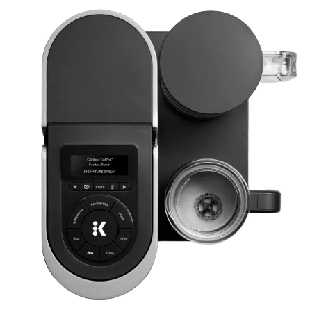 Top view of a sleek black coffee maker with digital controls and integrated milk frother for small kitchen appliances.