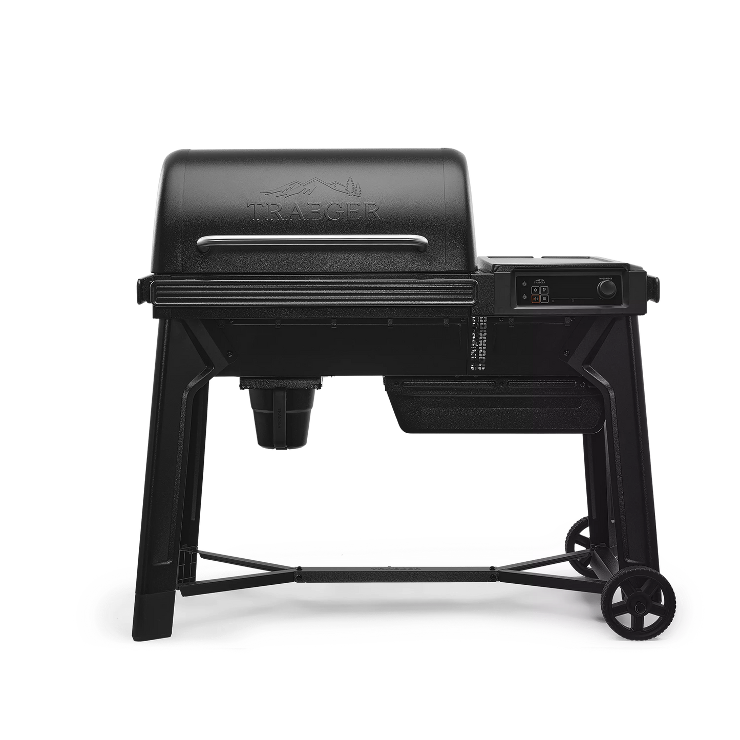 Black Traeger Woodridge pellet grill with WiFIRE® control panel on wheels for outdoor living and grilling collections