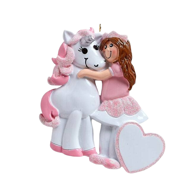 Pink and white princess hugging a white unicorn ornament with heart detail from Christmas Ornaments & Tree Decorations collection