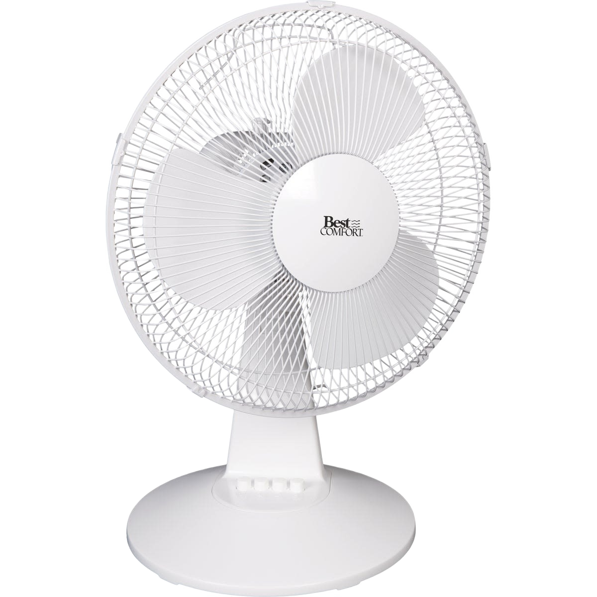 White oscillating table fan with three blades and push-button controls for portable cooling and air management collections