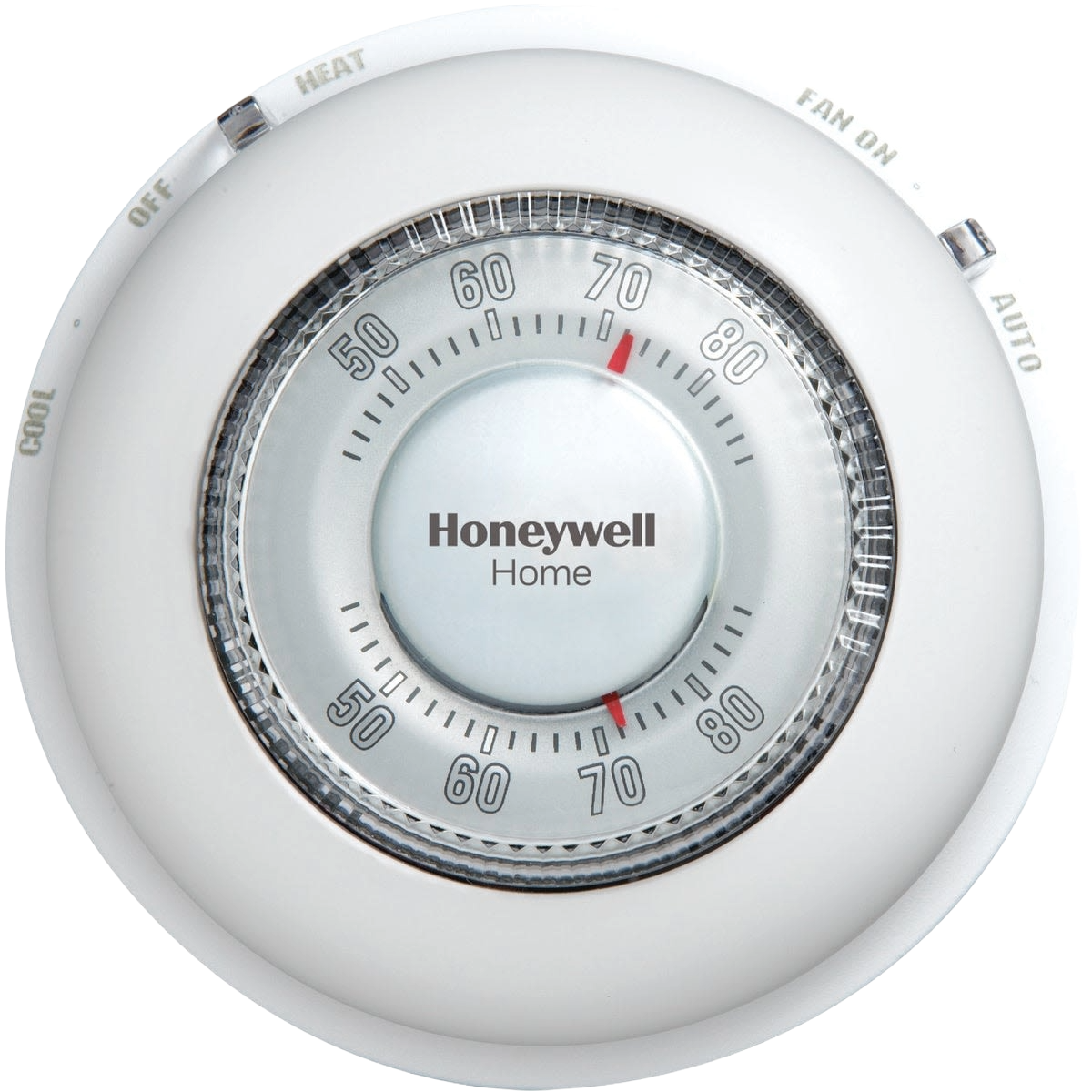 Round white thermostat with temperature dial and settings for heat, cool, and fan, suitable for plumbing and home projects