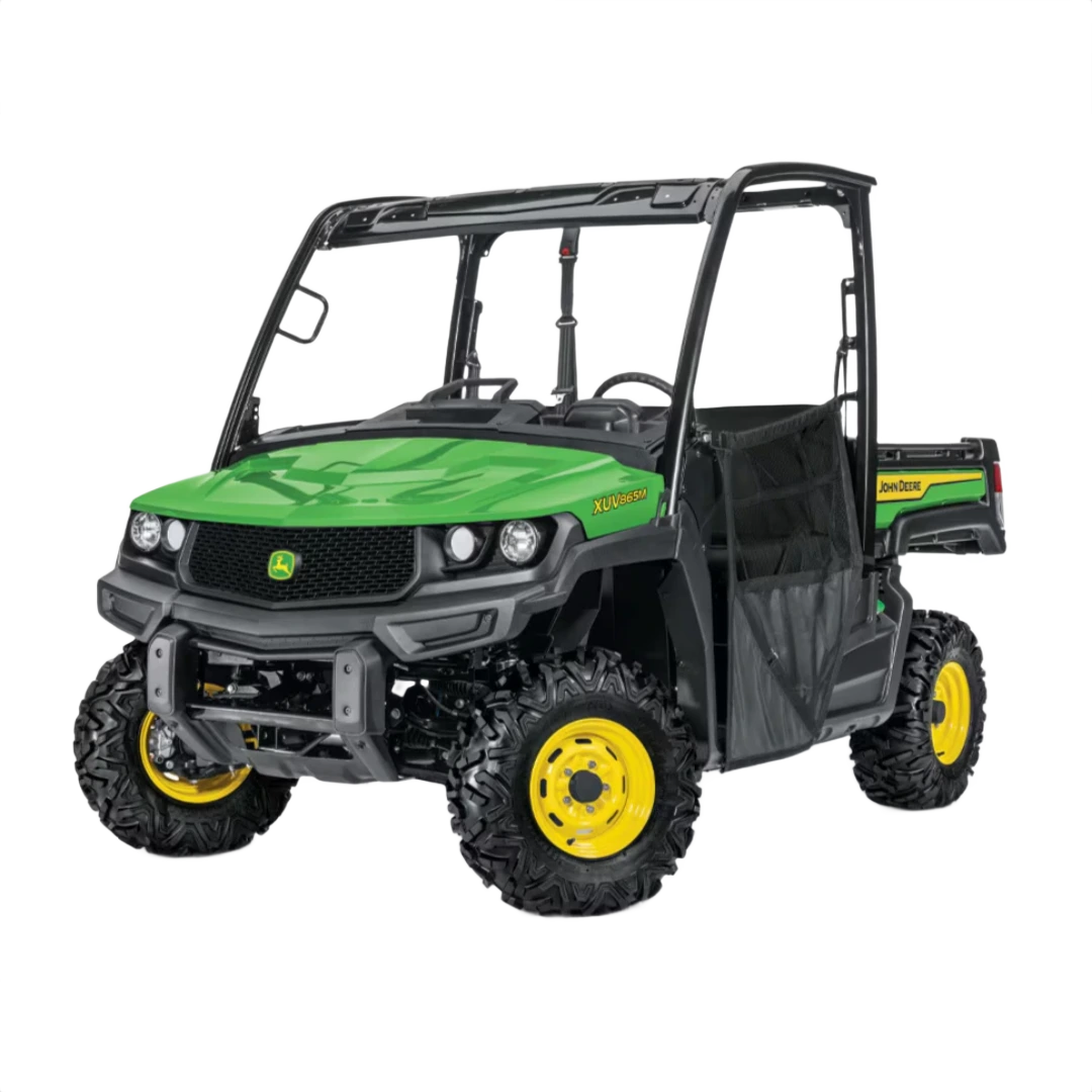Green and yellow diesel crossover utility vehicle with rugged tires and protective roll cage for outdoor work tasks