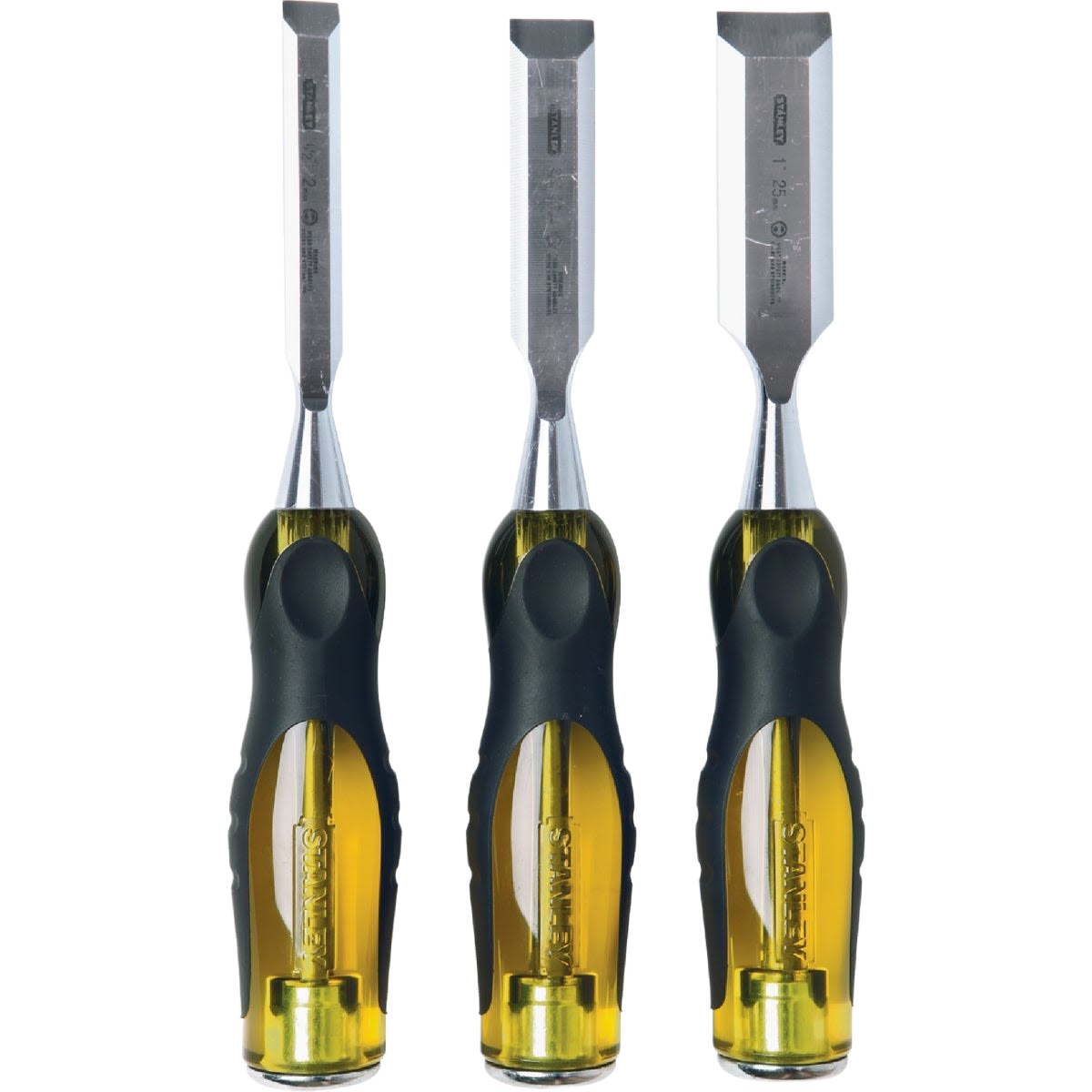 Three wood chisels with translucent yellow and black ergonomic handles designed for precision woodworking tasks