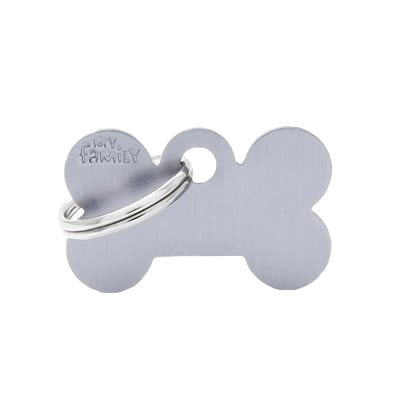 Light gray bone-shaped pet tag with small metal ring for attaching to collars and IDs