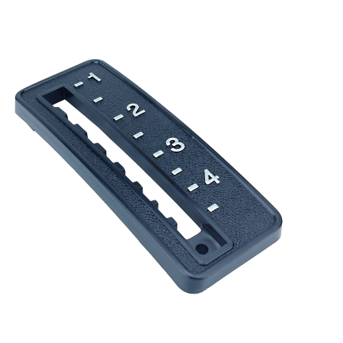 Black plastic mower height adjustment plate with numbered settings for tools and home improvement projects