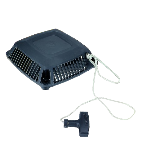 Black recoil starter with pull handle and cord for automotive and John Deere engine replacement parts