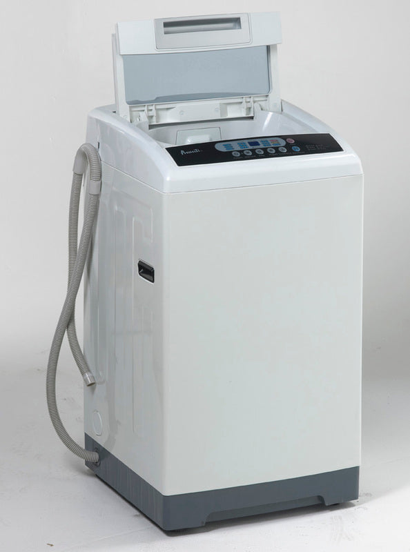 Compact white top load washer with digital control panel and gray base in Washers & Dryers and Appliances collections