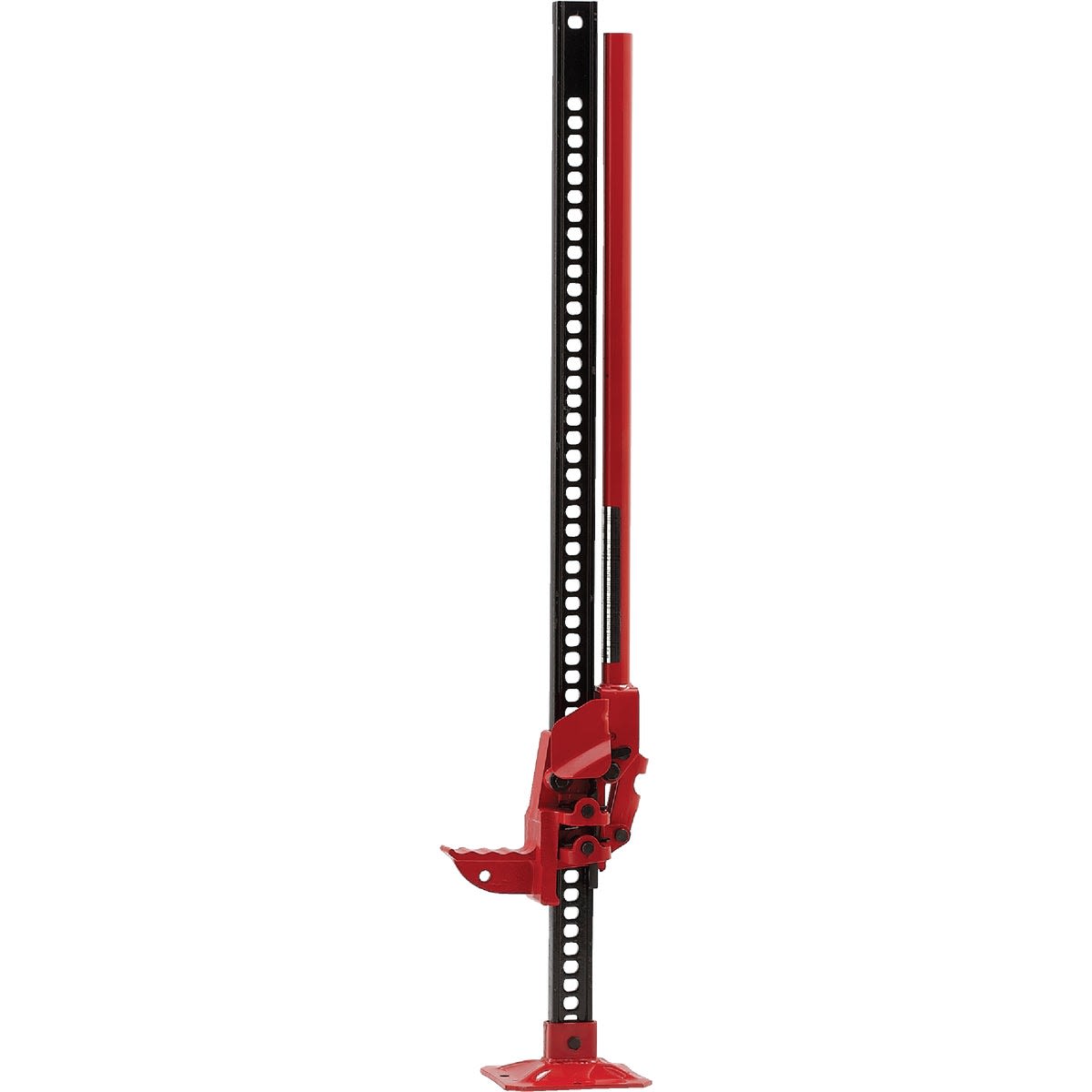 Heavy-duty red and black farm jack with multiple adjustment holes for lifting and pulling in automotive and tool collections