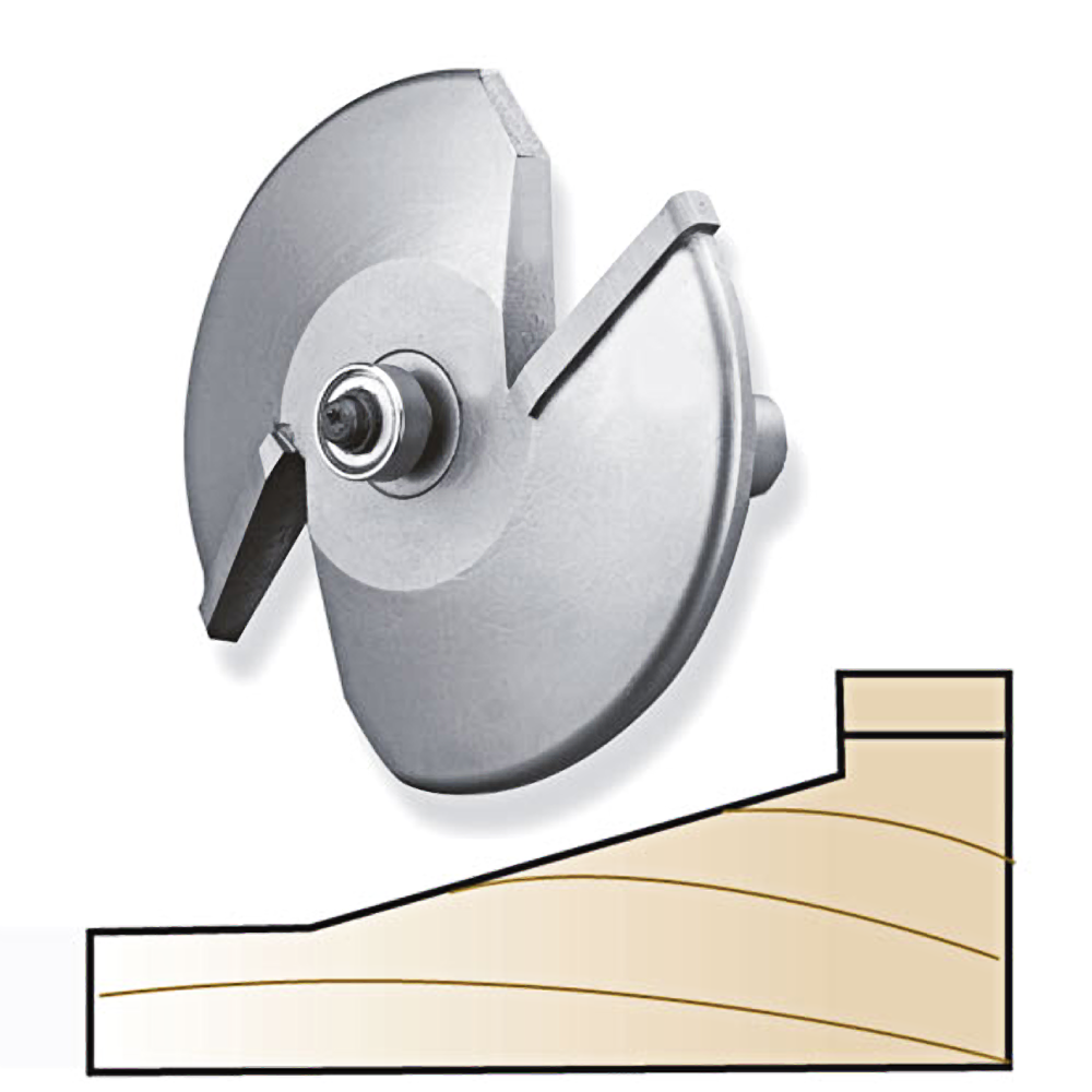 Carbide-tipped two-wing straight raised panel bit next to illustration of cathedral panel profile for woodworking tools collection